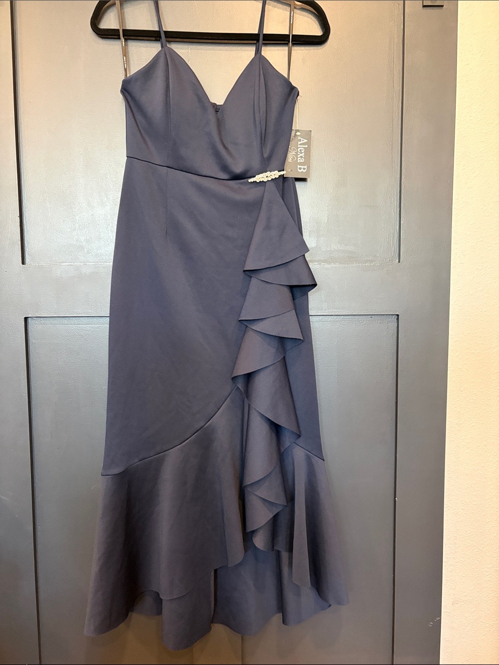 713. Alexa B. Slate Blue High-Low Ruffle Dress with Pearl Accent